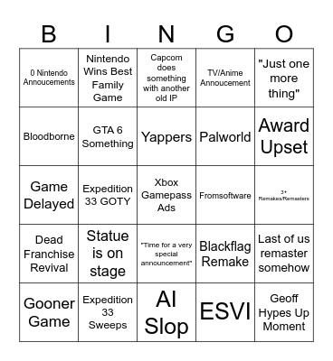 The Game Awards 2025 Bingo Card