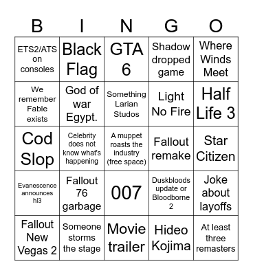 Game Awards Bingo Card