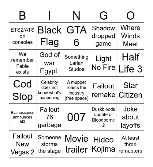 Game Awards Bingo Card