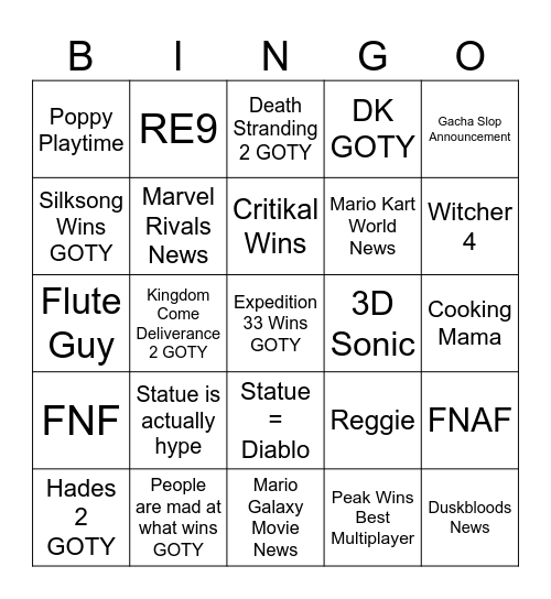 GAME AWARDS PREDICTIONS Bingo Card