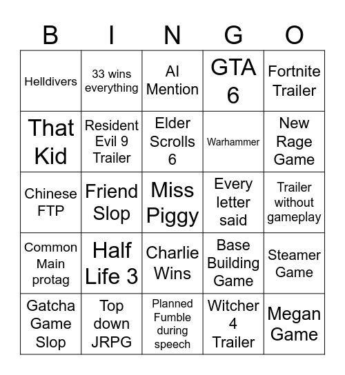Game Awarded Bingo Card