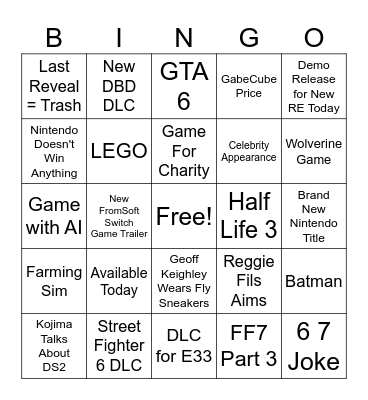 2025 Game Awards Bingo Card