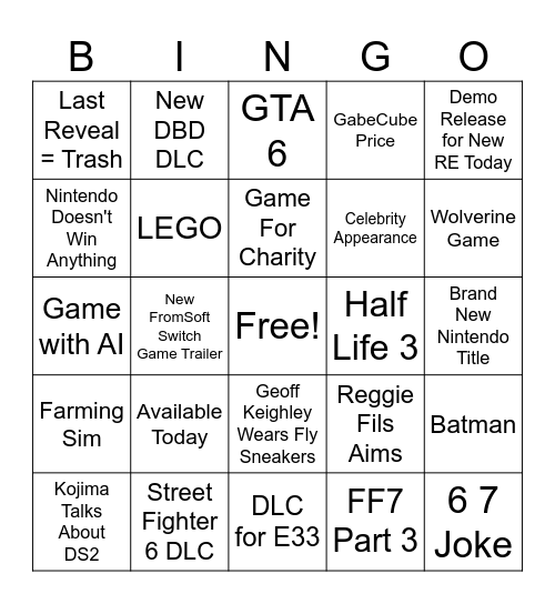2025 Game Awards Bingo Card