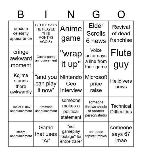 TGA Bingo Card