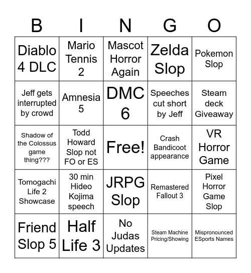 Game Awards Bingo Card