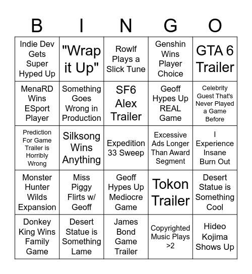 Game Award Bingo Card