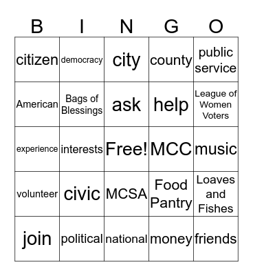 Volunteerism Bingo Card