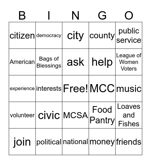 Volunteerism Bingo Card