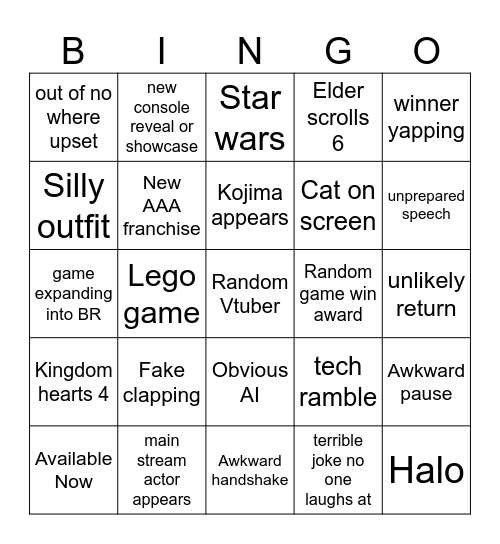 Game awards 2025 Bingo Card
