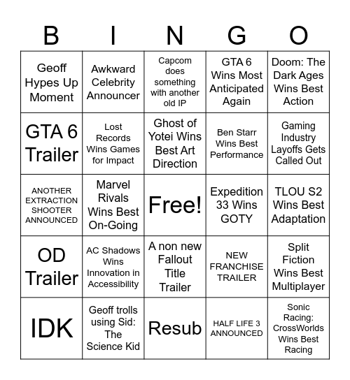 The Game Awards 2025 Bingo Card