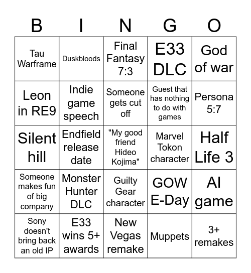 Game Awards Bingo Card