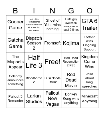 Game Awards Bingo Card