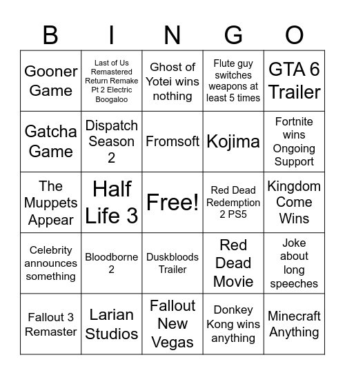 Game Awards Bingo Card