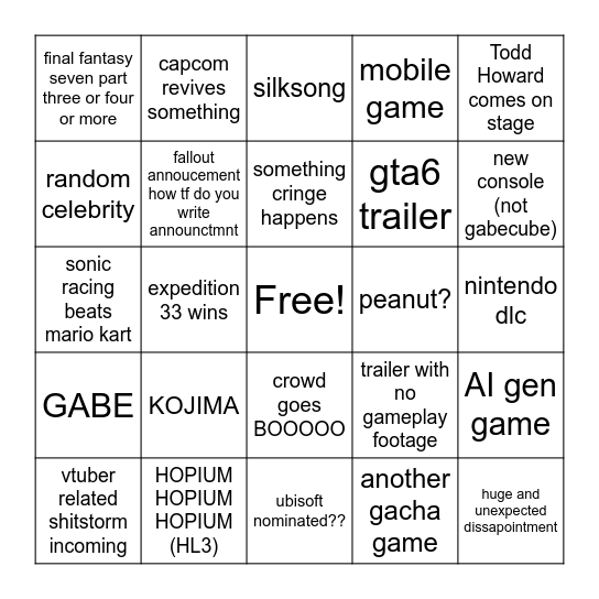 game award uh oh Bingo Card
