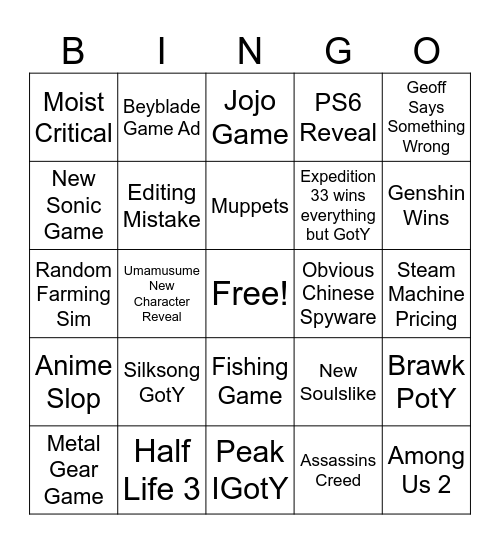 Devs Game Awards Bingo Card