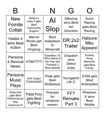 Game Awards 2025 Bingo Card