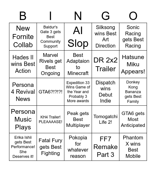 Game Awards 2025 Bingo Card
