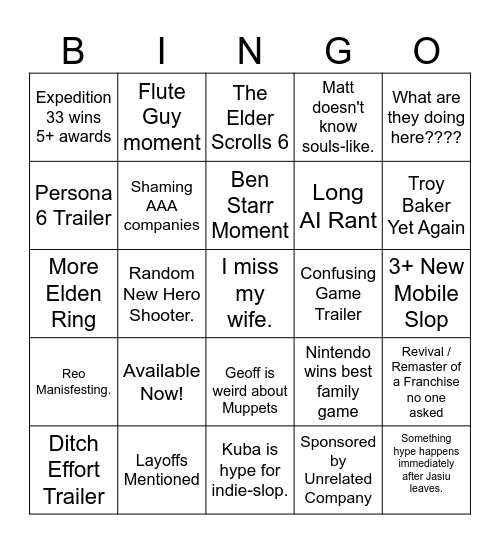 TGA 2025 Bingo Card
