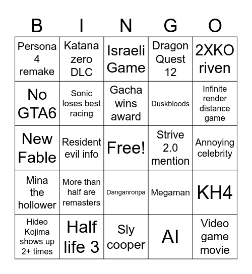 GOTY 2025 Bingo Card