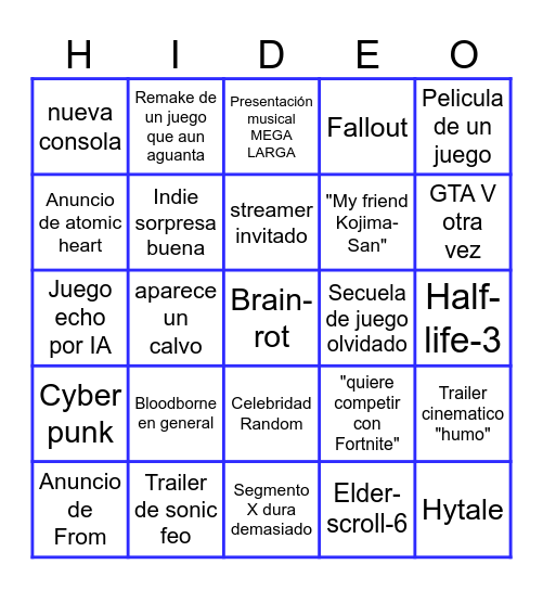 Bingo de los Game Awards Bingo Card