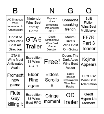 The Game Awards 2025 Bingo Card