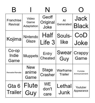 Game Awards 2025 Bingo Card