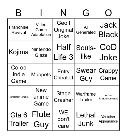 Game Awards 2025 Bingo Card