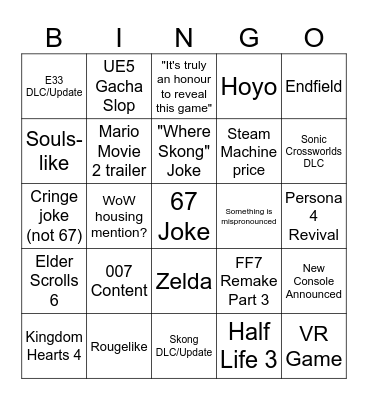 Game Awards Bingo Card