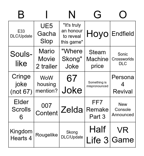 Game Awards Bingo Card