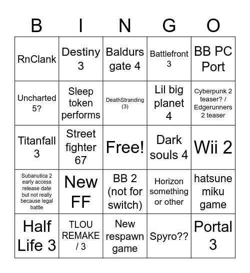 TGA BINGO Card