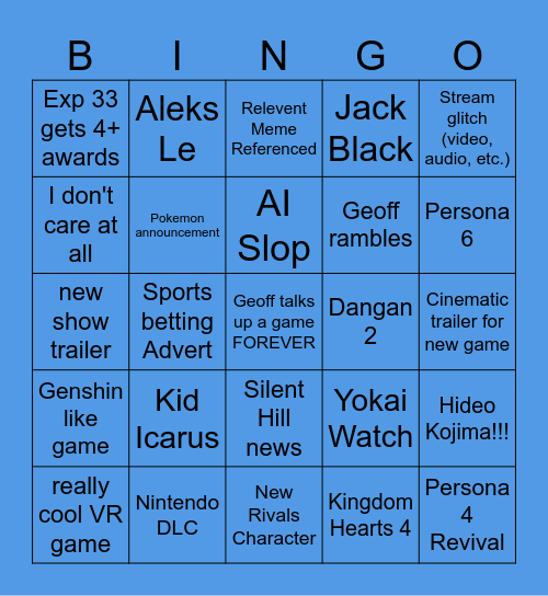 Game Awards Bingo Card