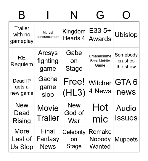 The Lame Awards Bingo Card