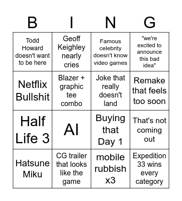 Game Awards Bingo Card