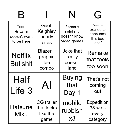 Game Awards Bingo Card