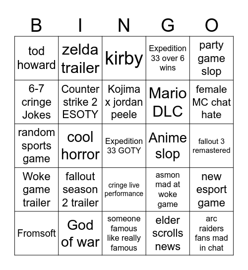 GOTY Bingo Card