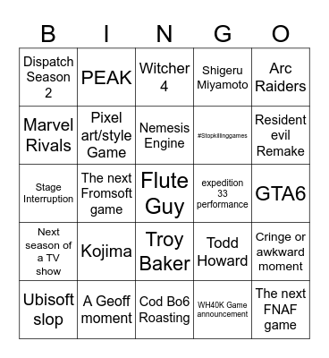 The game of the year awards 2025 Bingo Card
