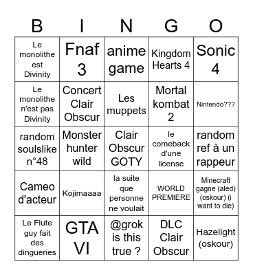 Game Awards 2025 Bingo Card