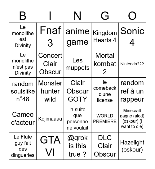 Game Awards 2025 Bingo Card