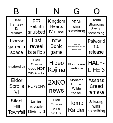 DarkFlameCrimsonLime's Game Awards 2025 Bingo Card