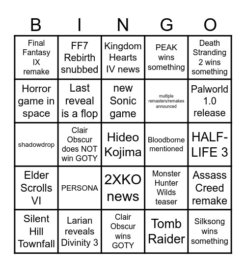 DarkFlameCrimsonLime's Game Awards 2025 Bingo Card