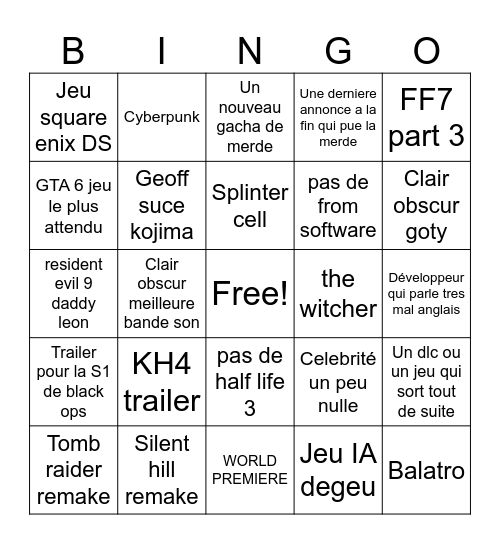 game awards Bingo Card