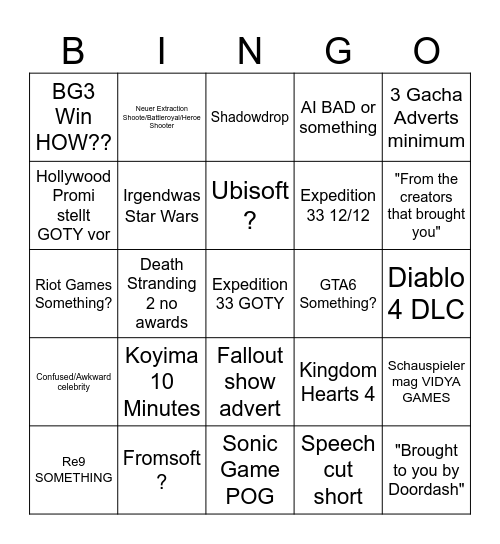Game awards Bingo Card