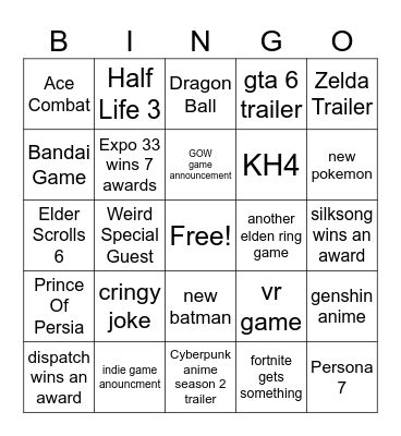 Game Awards Bingo Ye Bingo Card