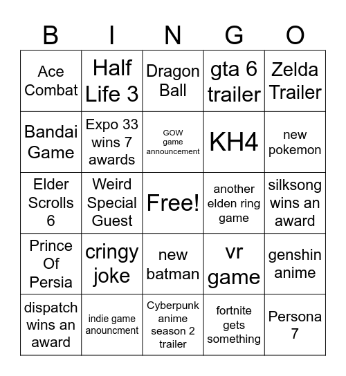 Game Awards Bingo Ye Bingo Card