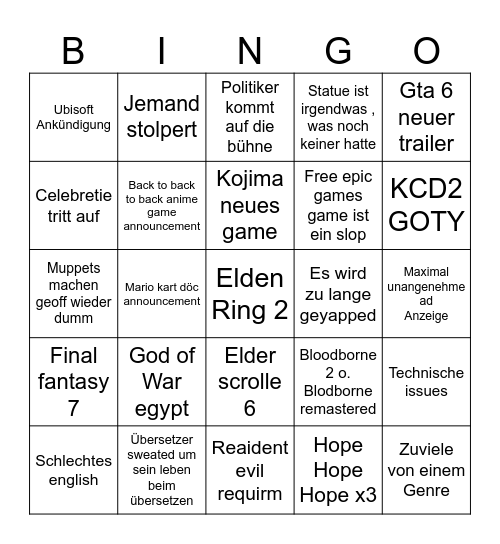 Game Awards 2025 Bingo Card