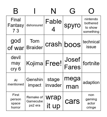 Game Awards Bingo Card