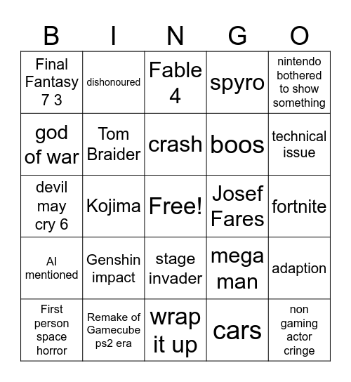 Game Awards Bingo Card
