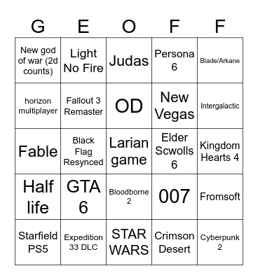 Game Awards Bingo Card