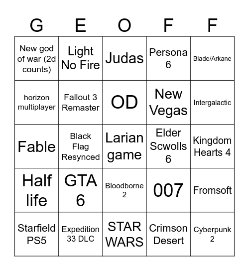 Game Awards Bingo Card