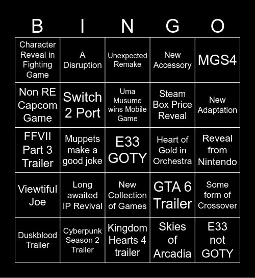 Game Awards Bingo Card